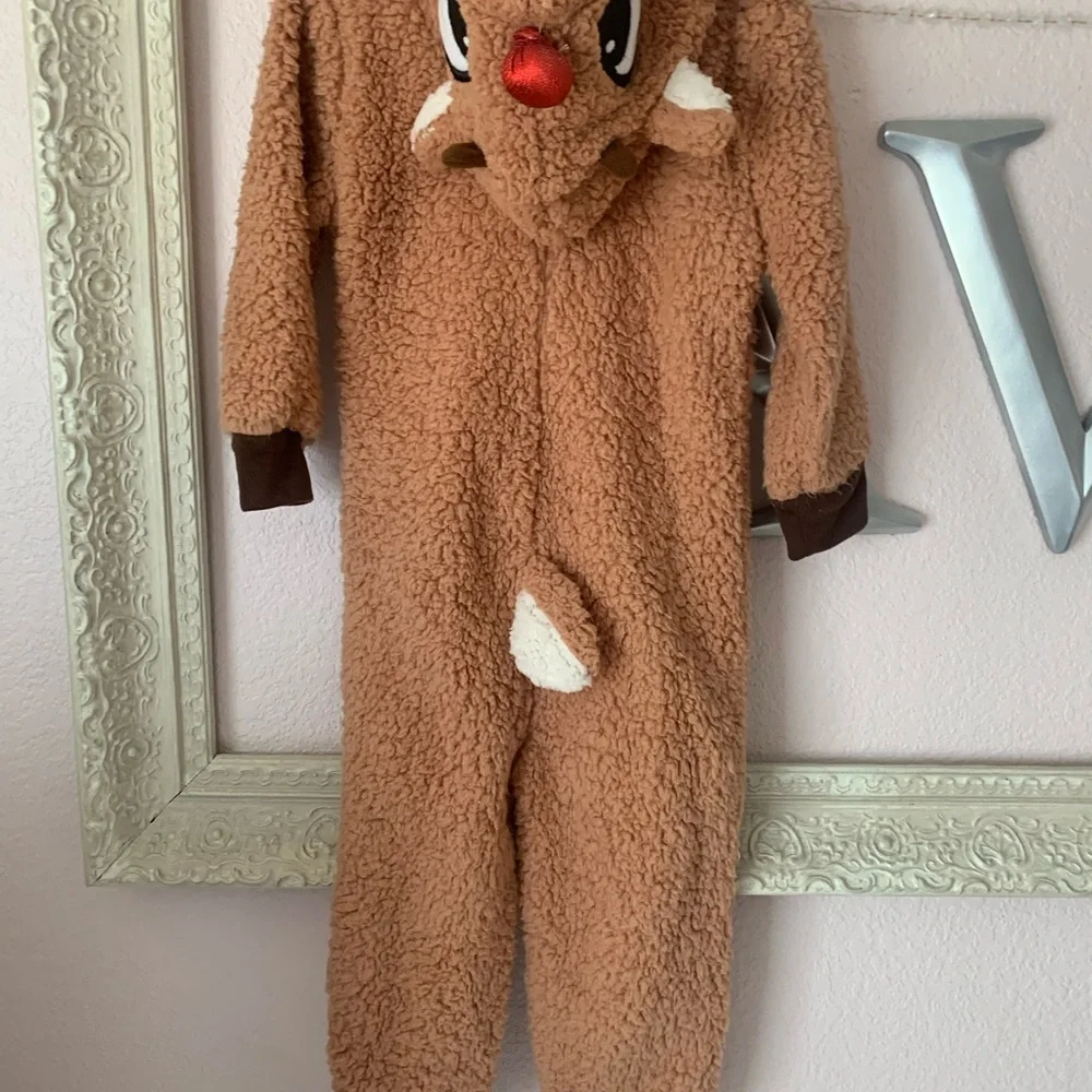 Rudolph Fleece onesie  zip pajamas Christmas hooded size 4